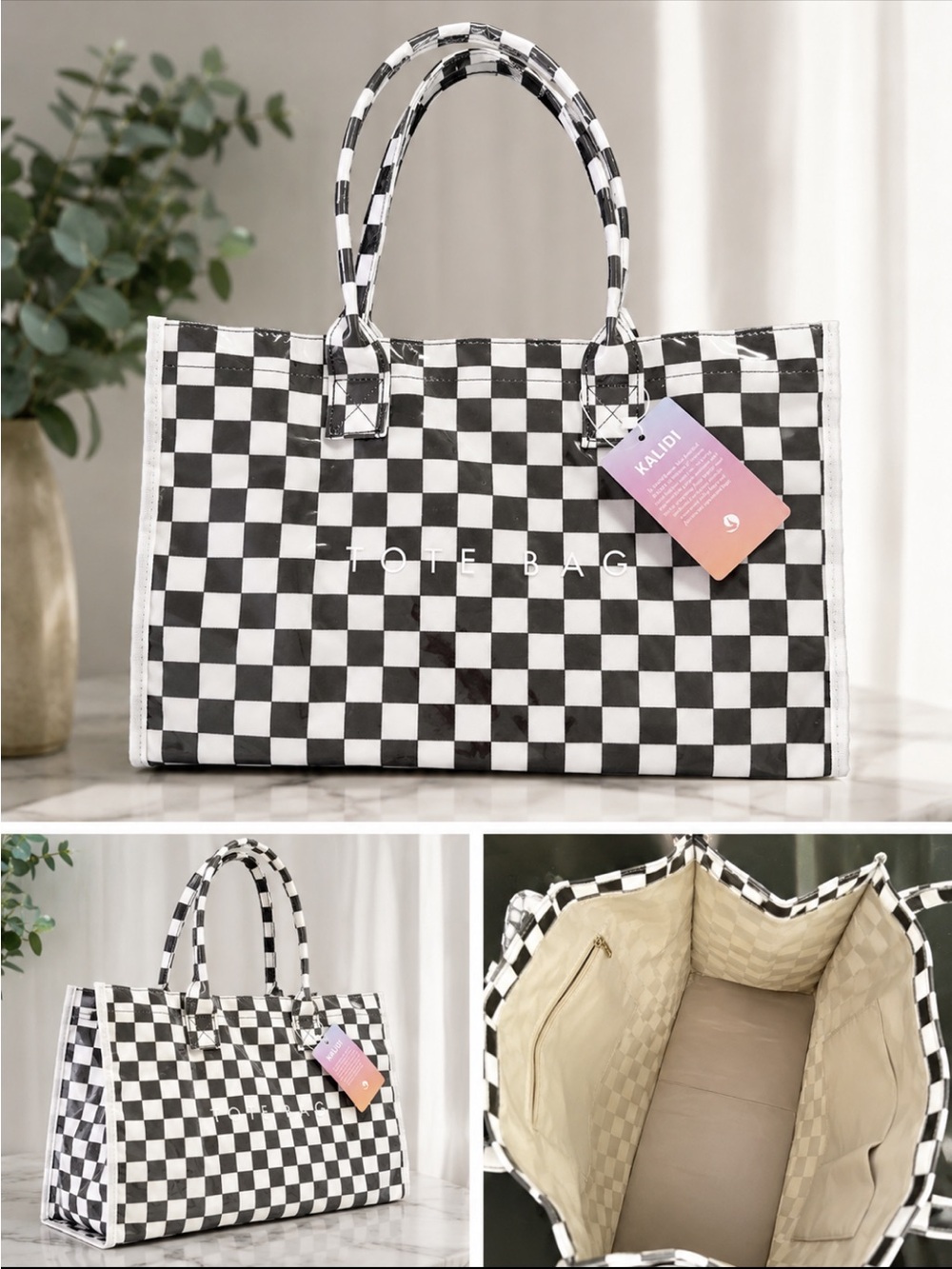 KALIDI Large Black White Checkered Tote Bag Glossy Shoulder Bag NWT